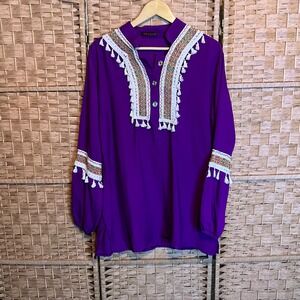 Dahab Purple Embroidered Tassel Tunic Blouse Top Women's Long Sleeve Boho Hippie